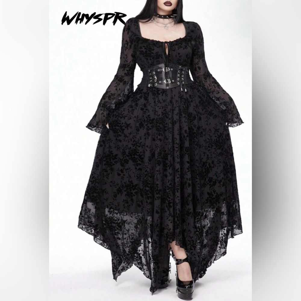 Black Gothic Velvet Burnout Maxi Dress with Corset Belt